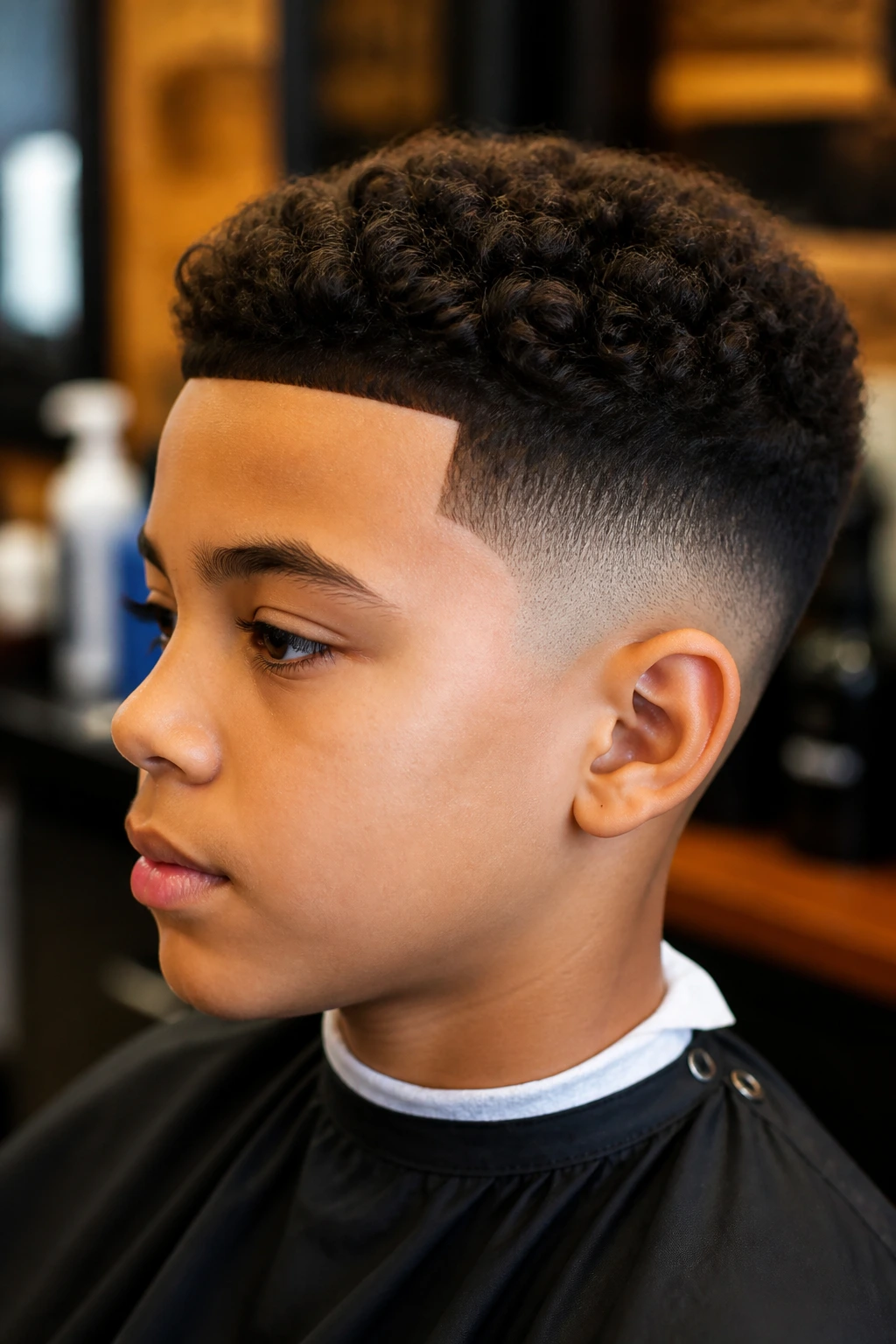 Boy with taper fade and sharp line-up in barbershop