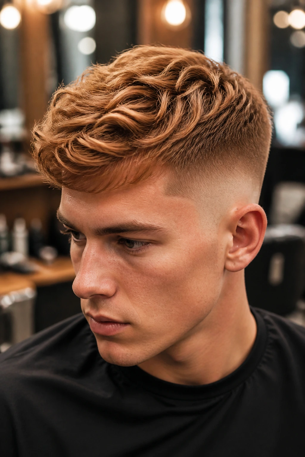 Close-up portrait of a real man with a taper fade and warm strawberry top
