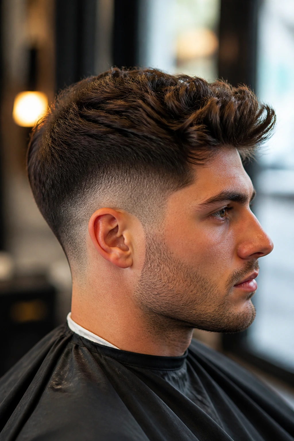 Close-up profile of a man with thick hair and a taper fade.
