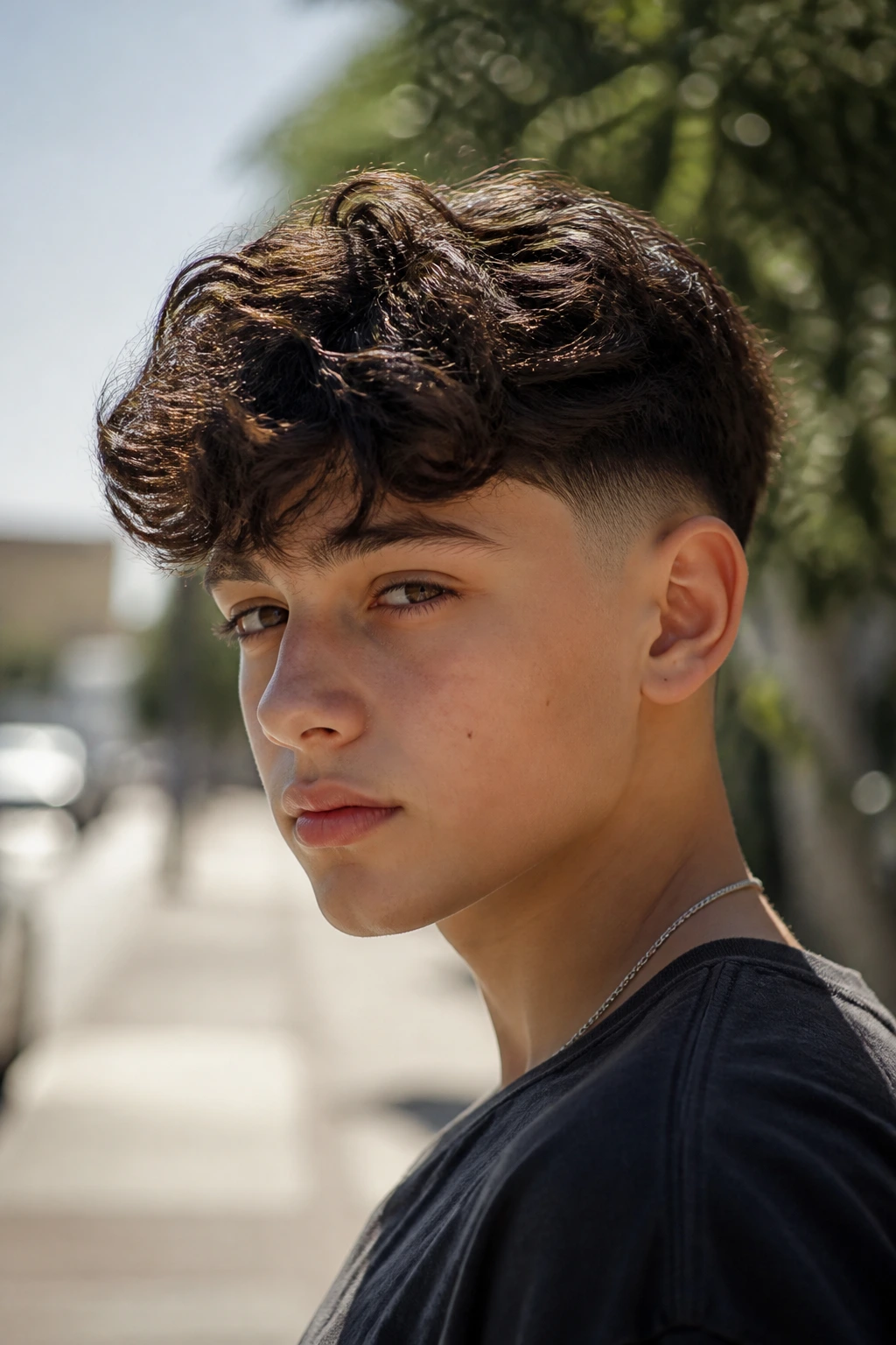 Three-quarter portrait of boy with loose waves and soft taper fade