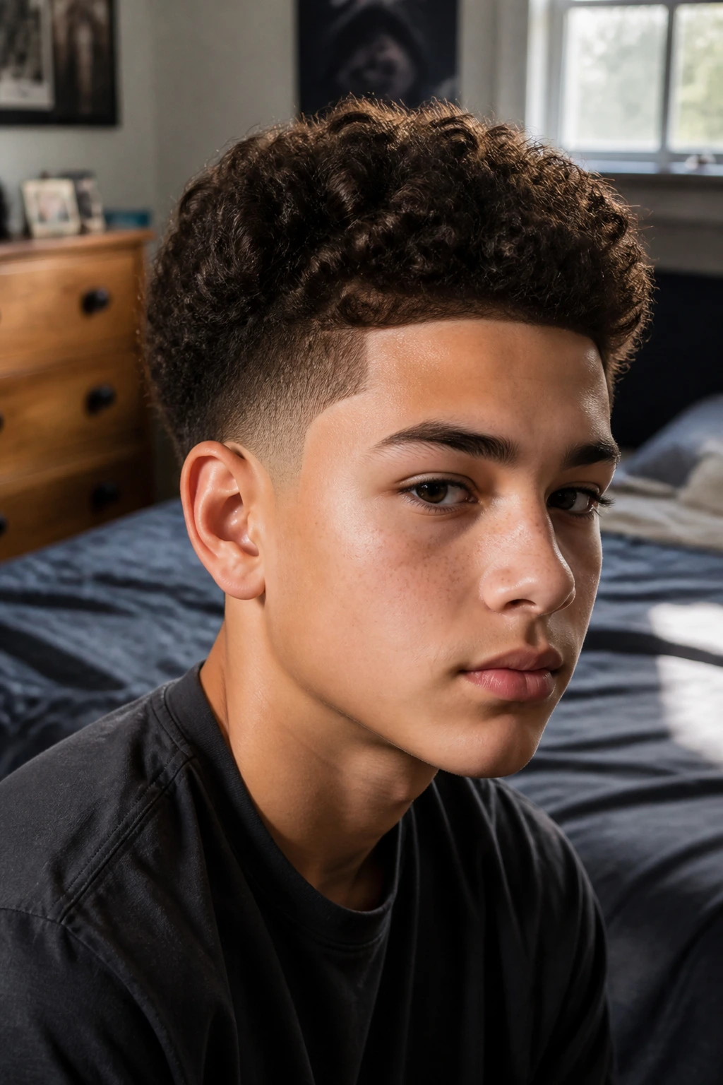 Close-up portrait of a boy with a taper and mini lineup in a warm bedroom