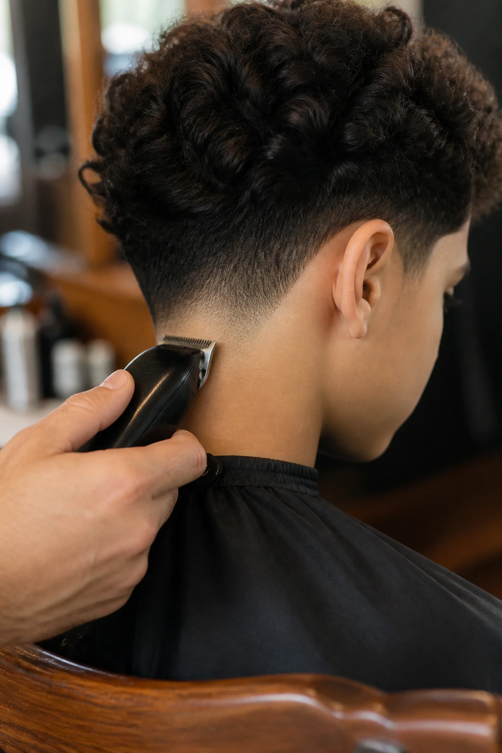 Close-up of a boy's neck showing a crisp taper in a barbershop