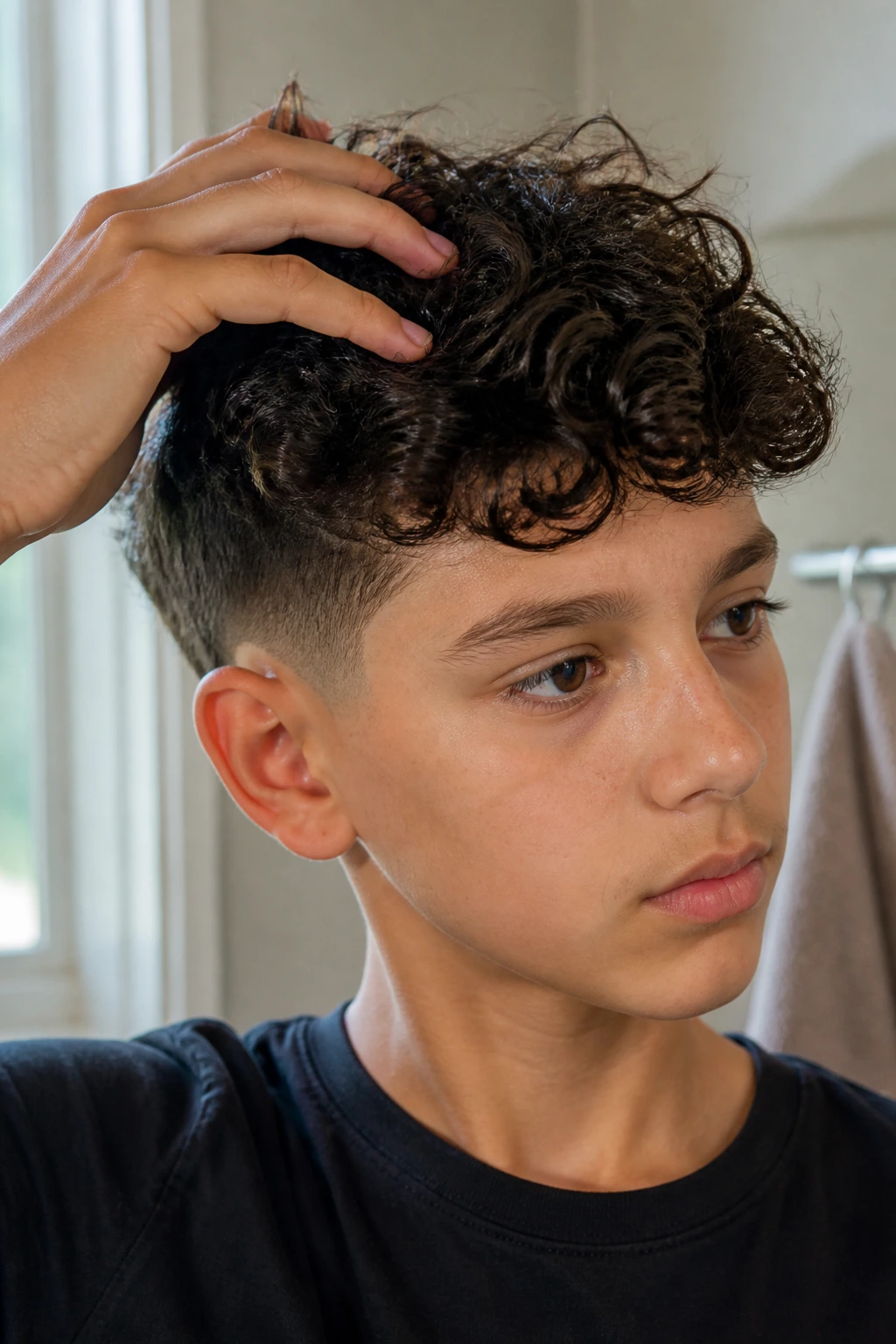Boy styling curls to highlight taper in a home setting
