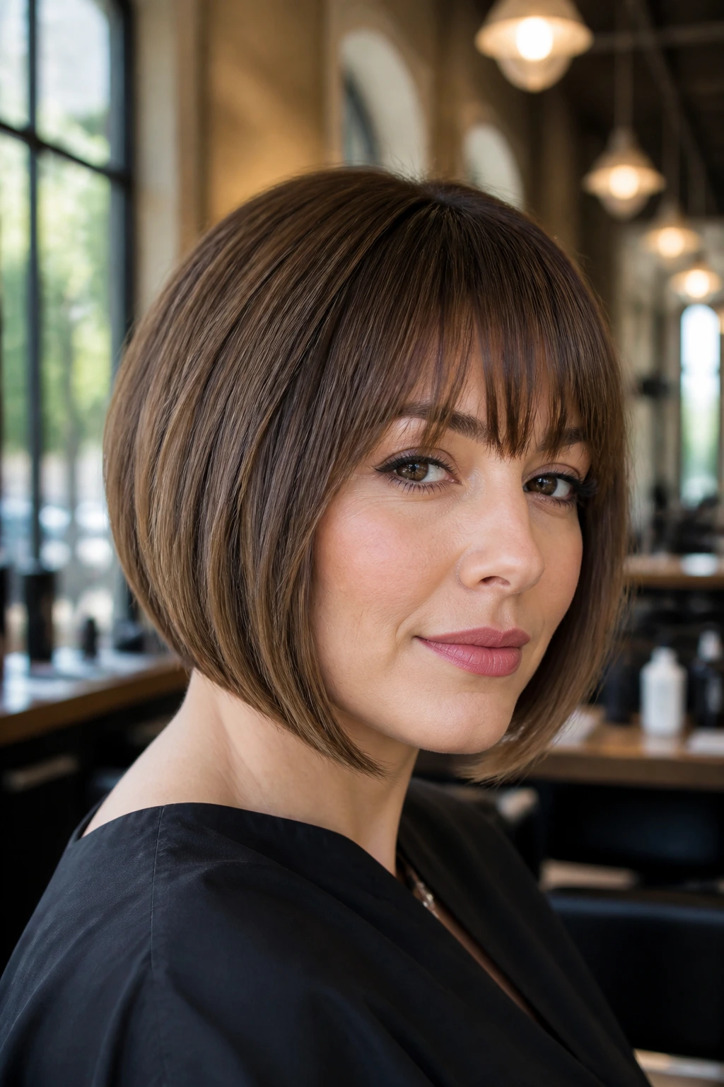 Portrait of a woman with tapered A-line bob and chin-grazing fringe in sunlit salon