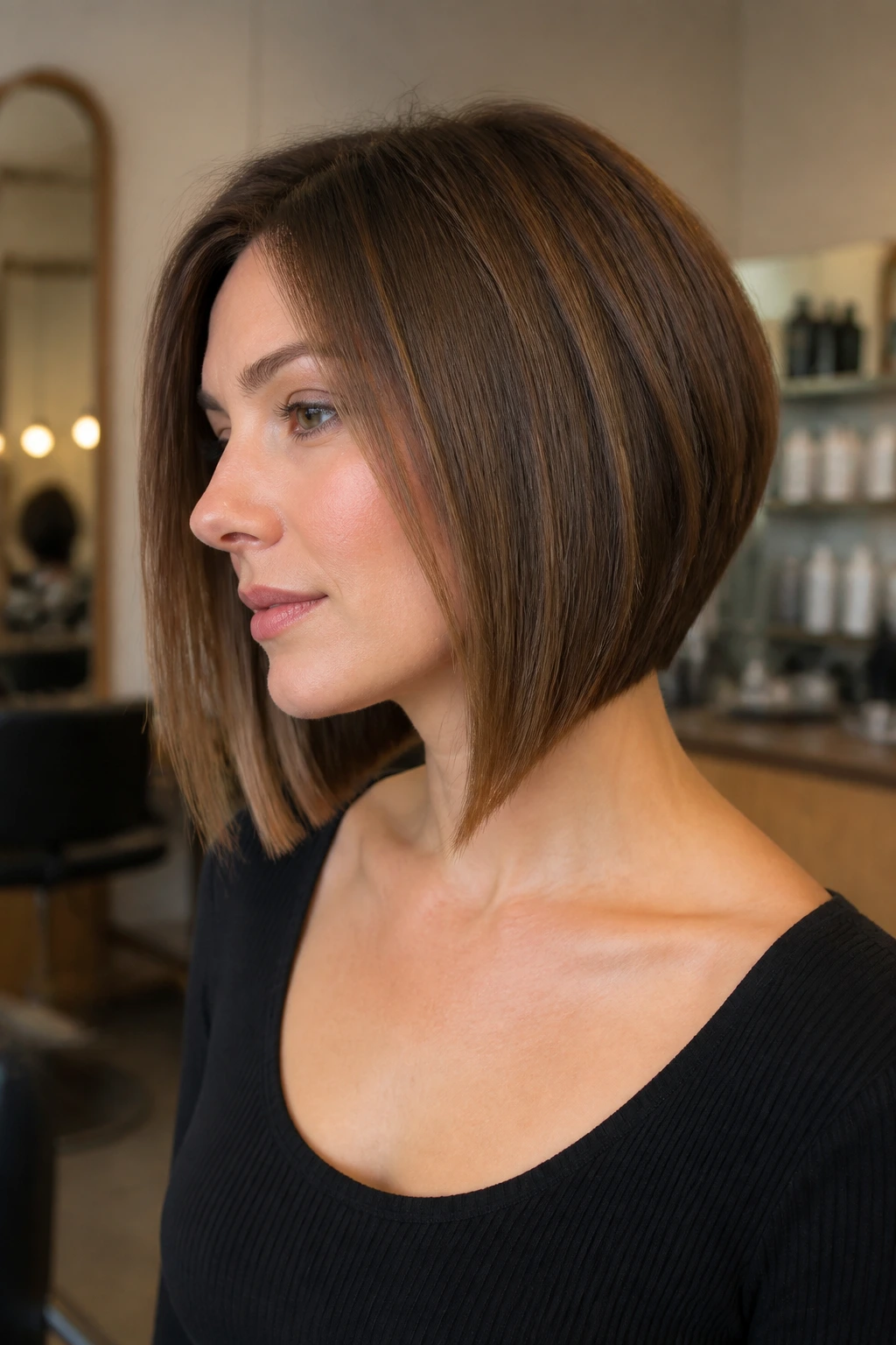 Portrait of a real woman with a tapered A-line bob and underlayer