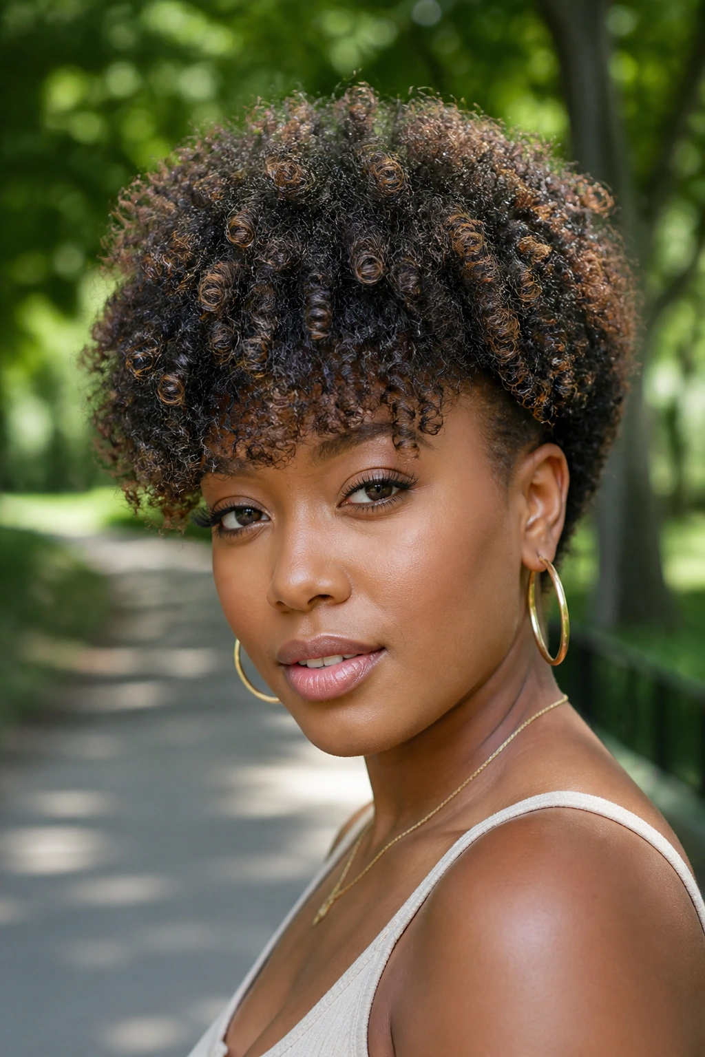 Close-up of a real person with tapered Afro bang and deep brown lowlights