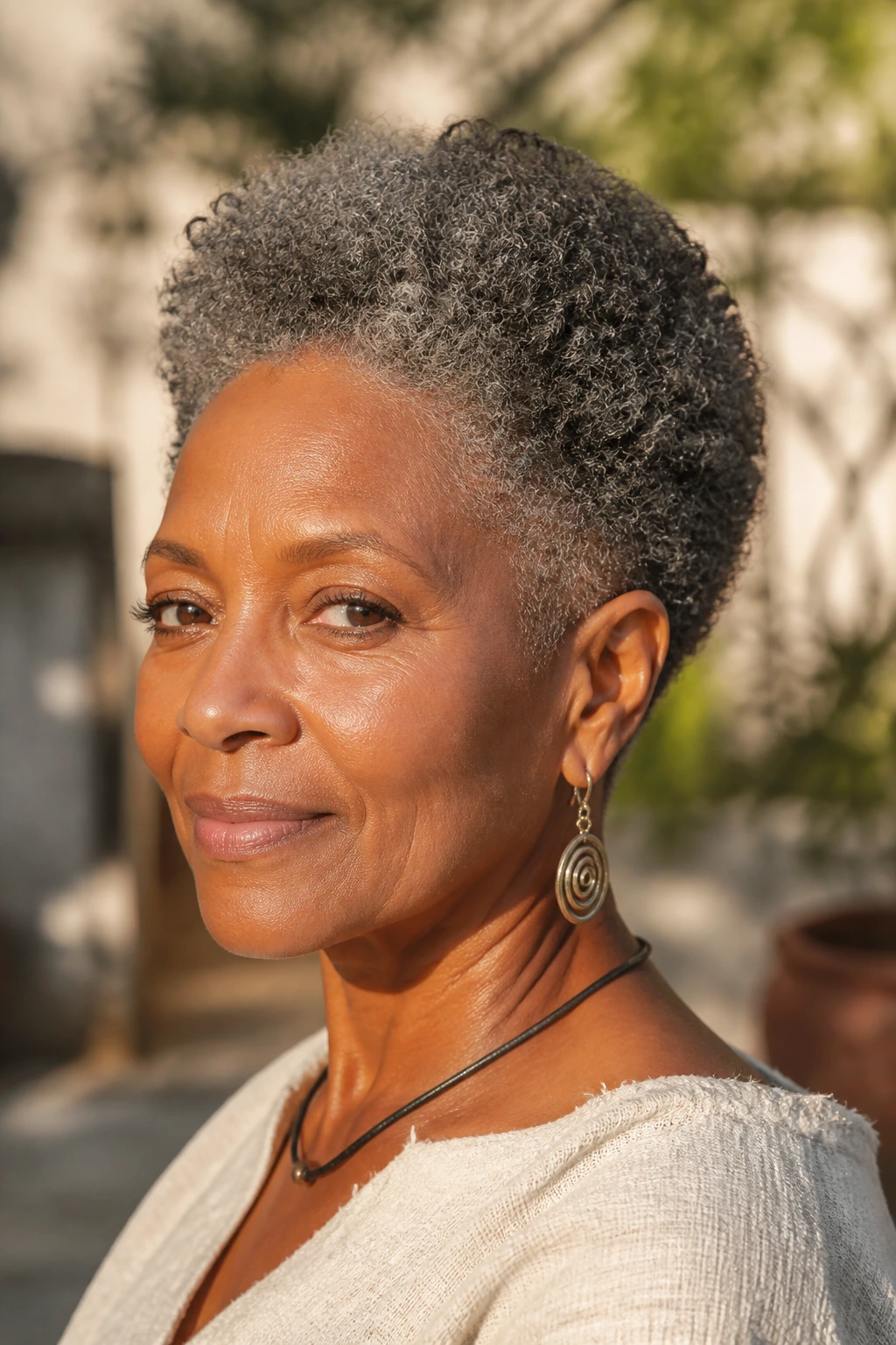 Close-up portrait of a real person with a tapered Afro crop showing tight sides and rounded top in sunlight