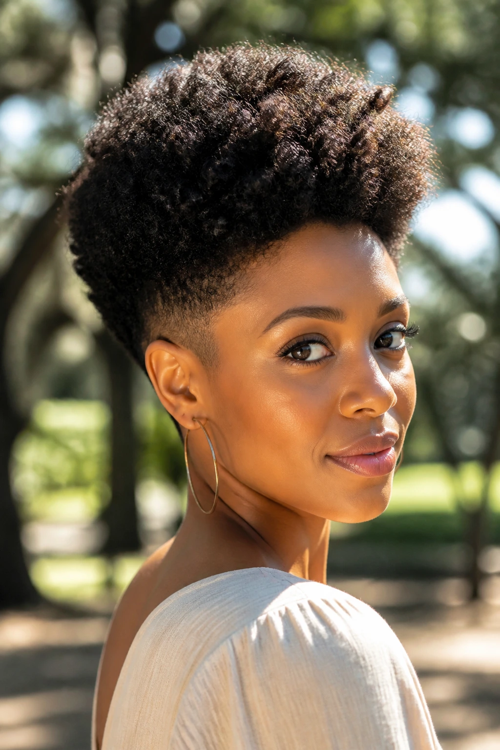 Real woman with a tapered Afro hairstyle in a park.