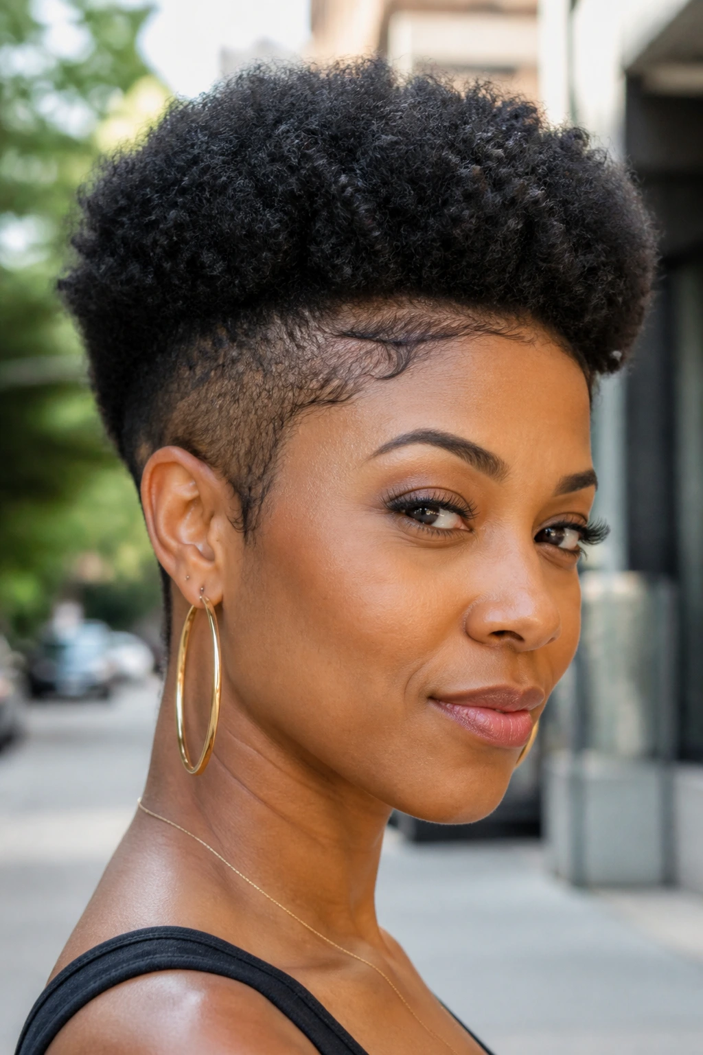 Real woman with a tapered natural afro and defined edges