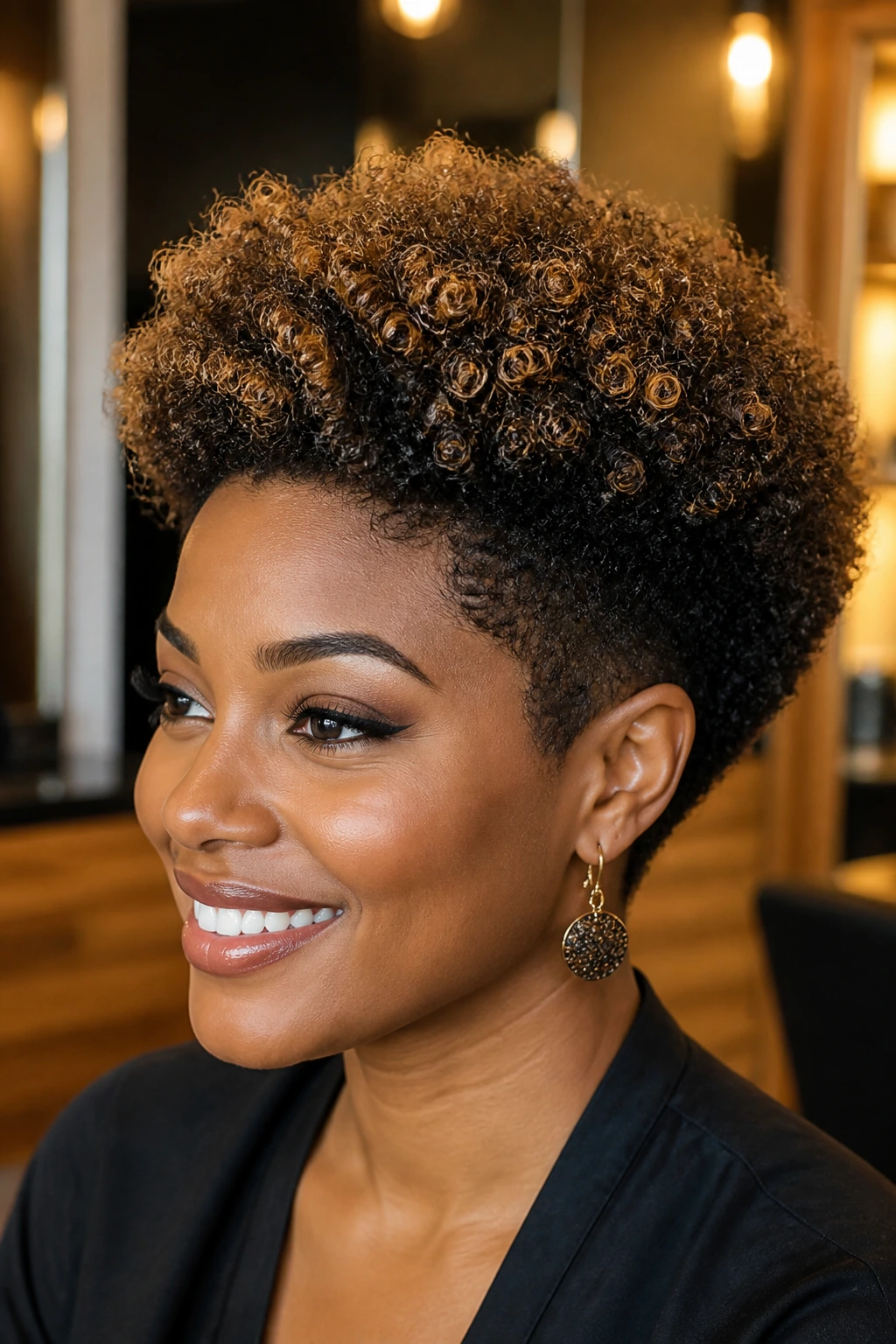 Close-up of a real person with a tapered Afro and honey babylights