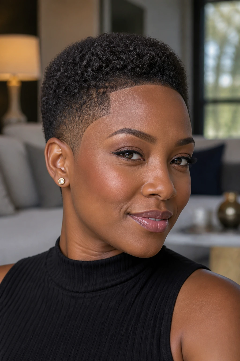 Close-up portrait of a real person with a tapered Afro and defined lineup