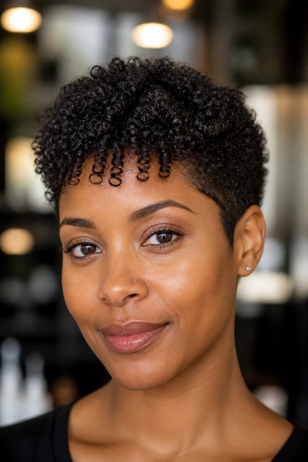 Close-up portrait of a real woman with a tapered afro and micro-fringe at the brow