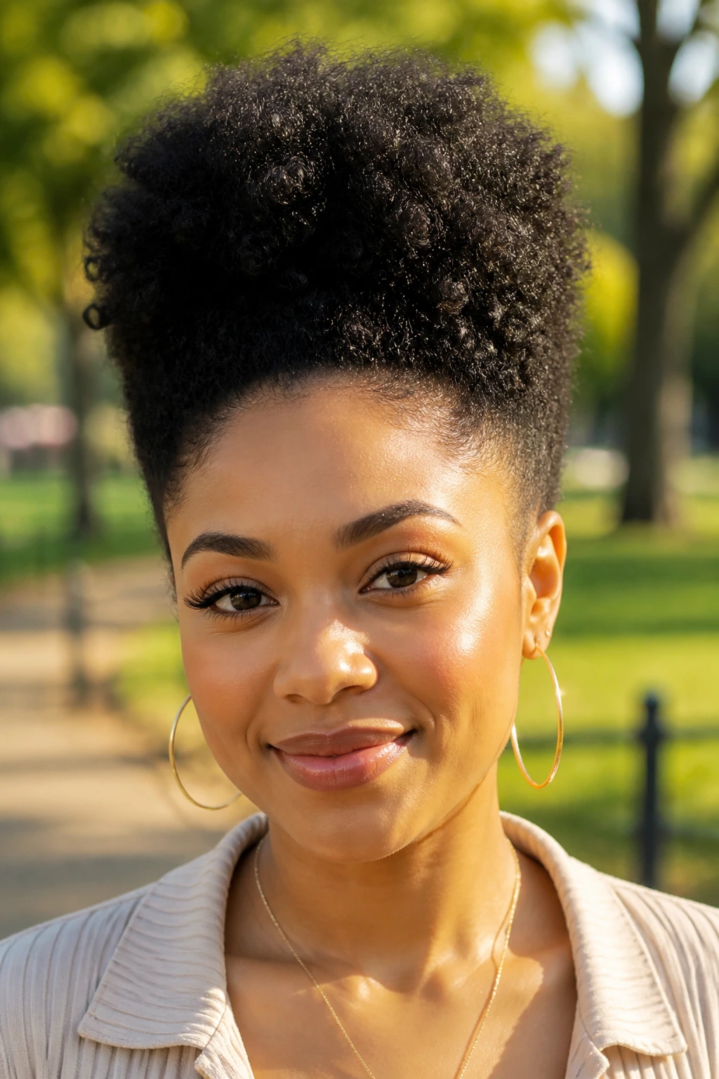 Close-up portrait of a real woman with a tapered Afro puff outdoors