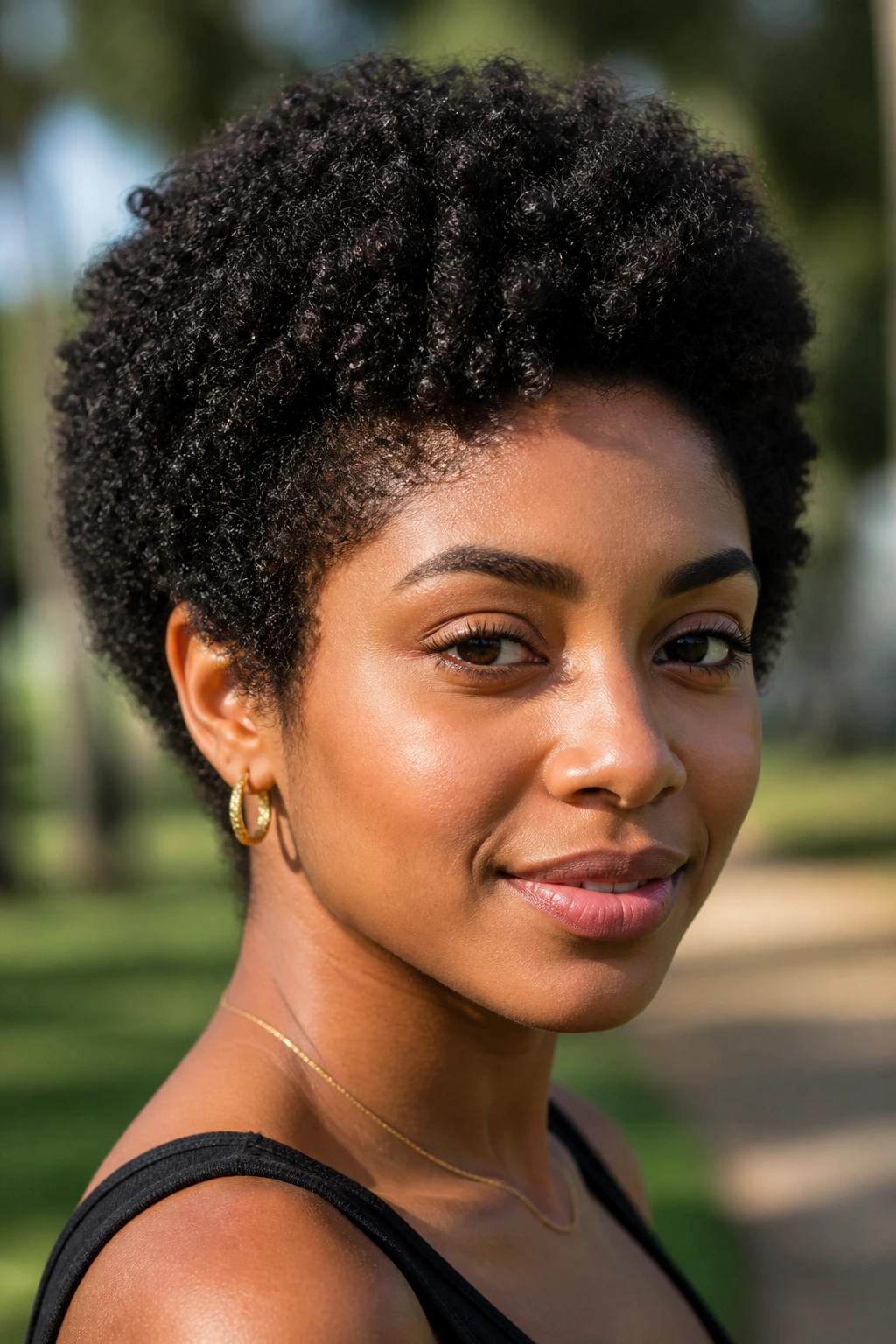 Close-up portrait of a real person with tapered Afro and temple-length sides outdoors
