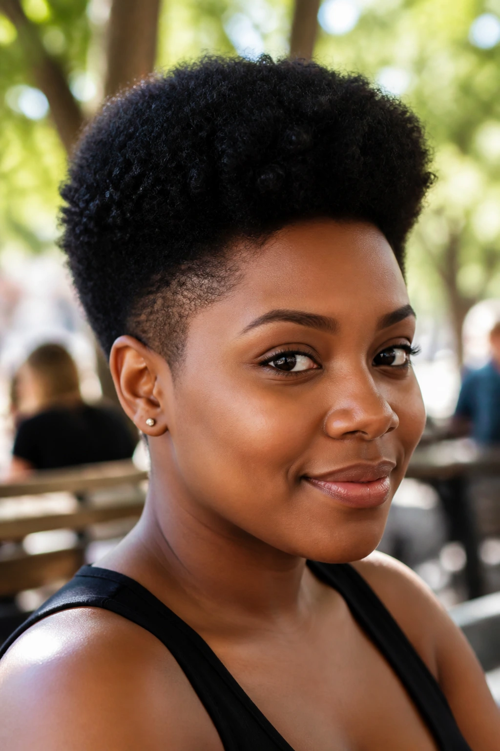 Portrait of a Black woman with tapered Afro and soft top shelf.
