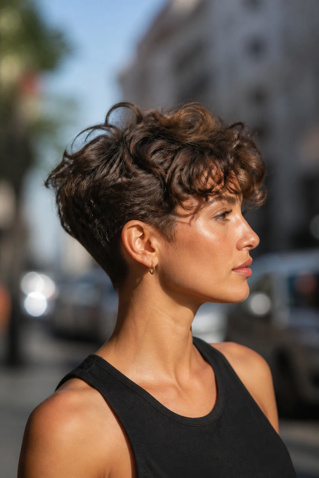 Side-profile of a real person with The Tapered Bixie showing tapered sides and longer crown