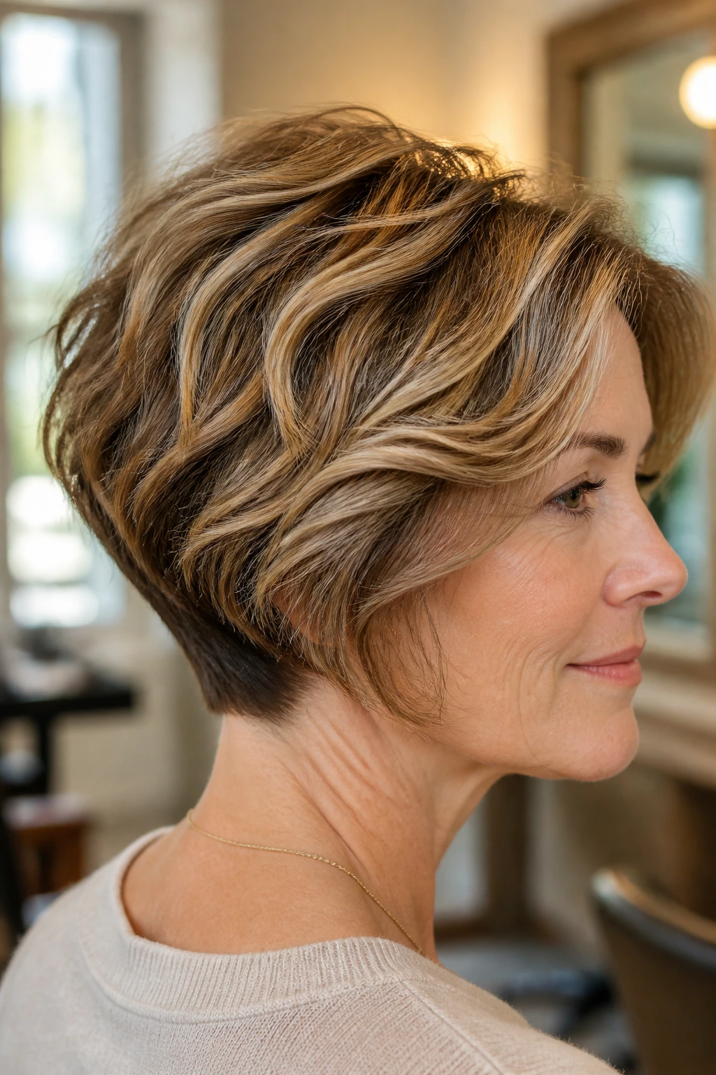 Close-up of a real woman with a tapered nape bob and fuller crown, featuring caramel highlights