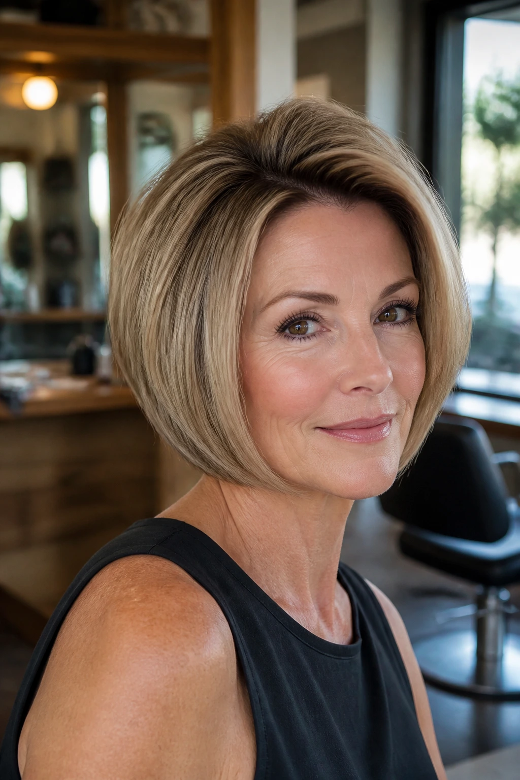 Close-up portrait of a real woman with a tapered bob and crown volume in a salon