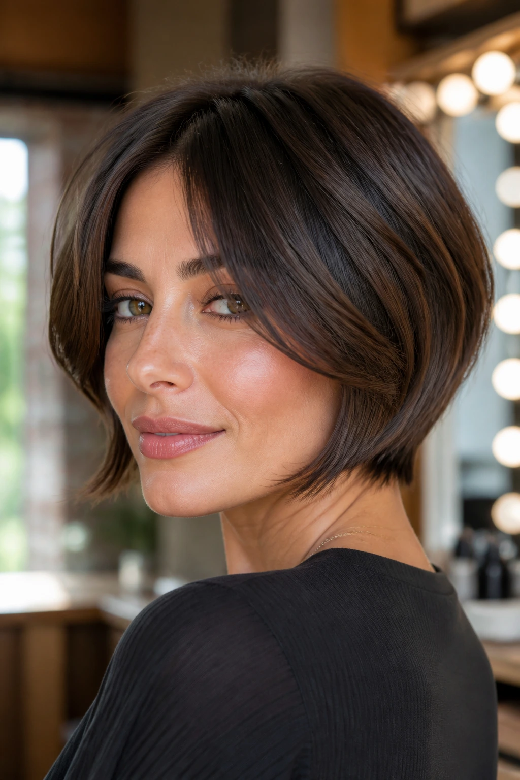 Close-up of a woman with a tapered bob and sweeping curtain bangs in warm light.