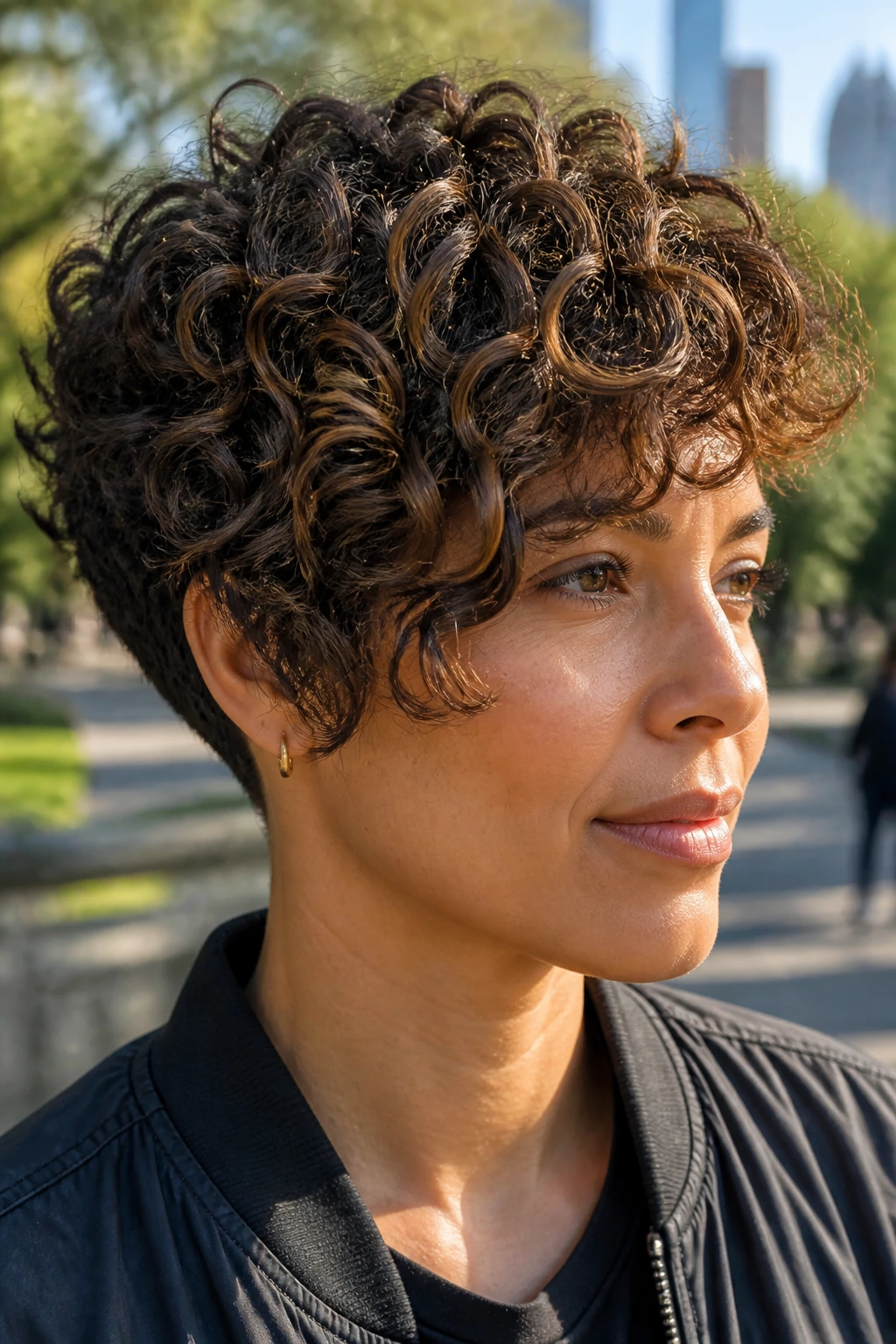 Close-up of a real woman with tapered bob and dense curls in morning park light
