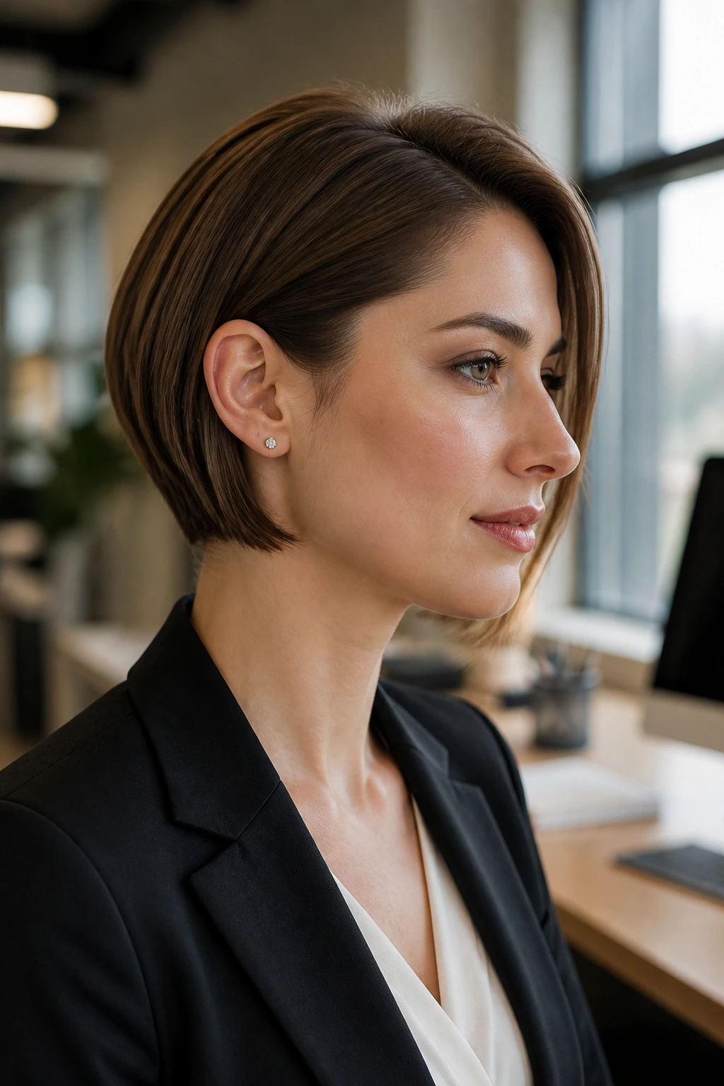 Close-up portrait of a real woman with a tapered bob ear-length frame in an office setting