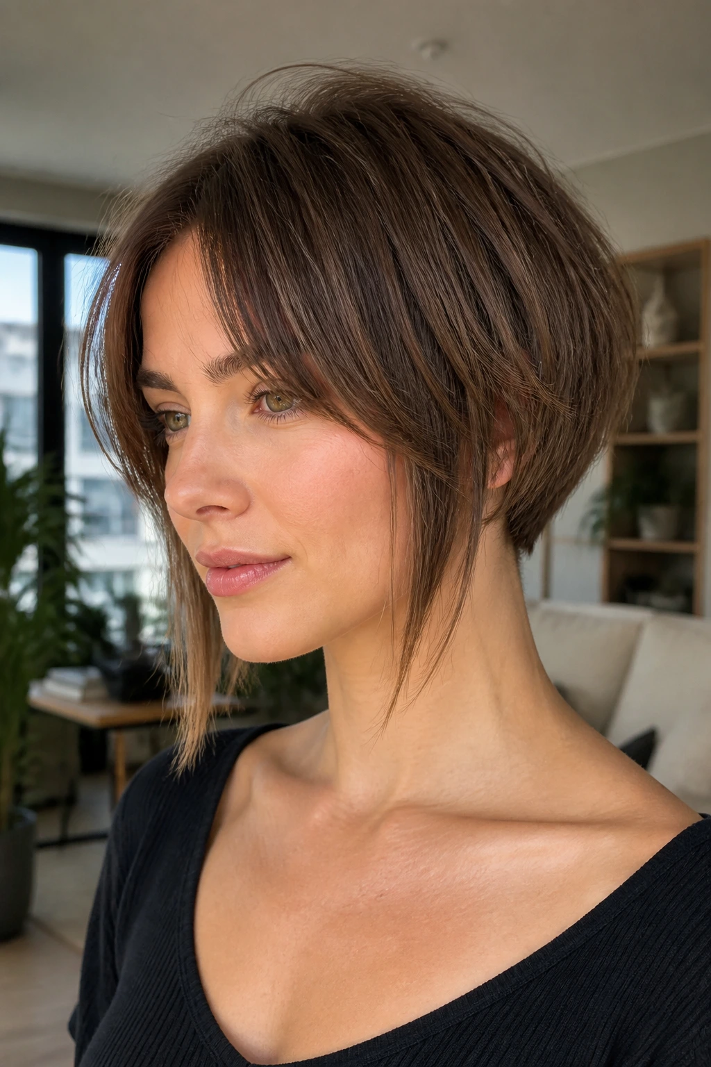 Portrait of a woman with tapered back and longer sides bob.