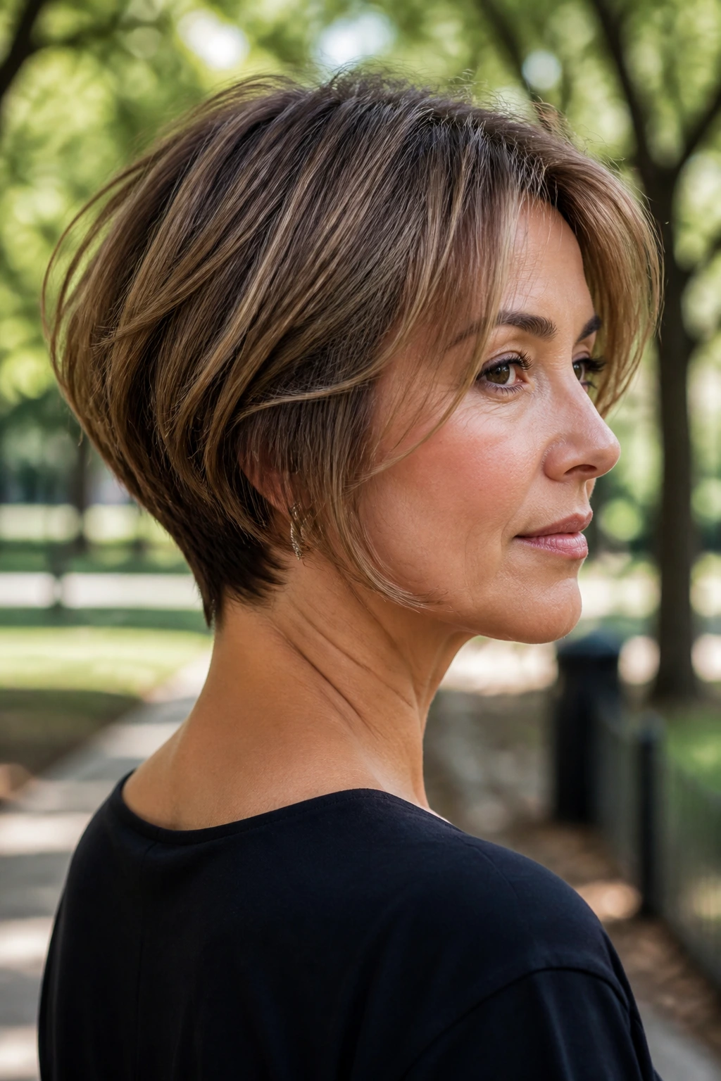 Portrait of a real woman with a tapered nape bob in an outdoor park setting