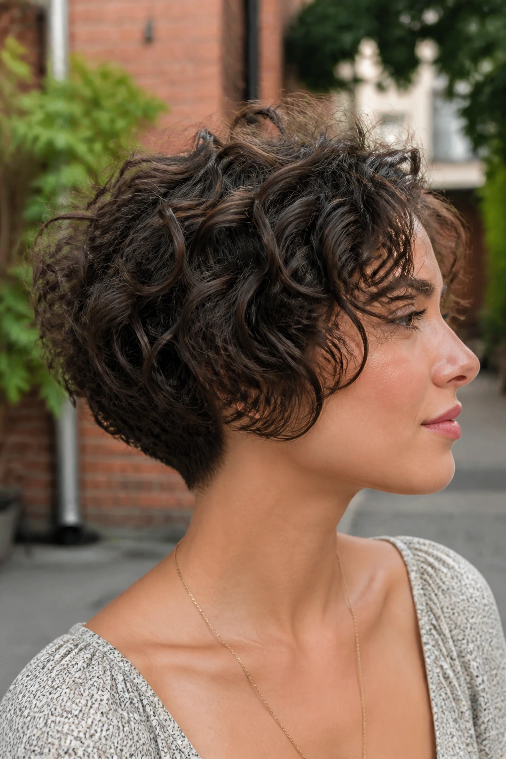 Real person with tapered bob showing slim nape in outdoor setting