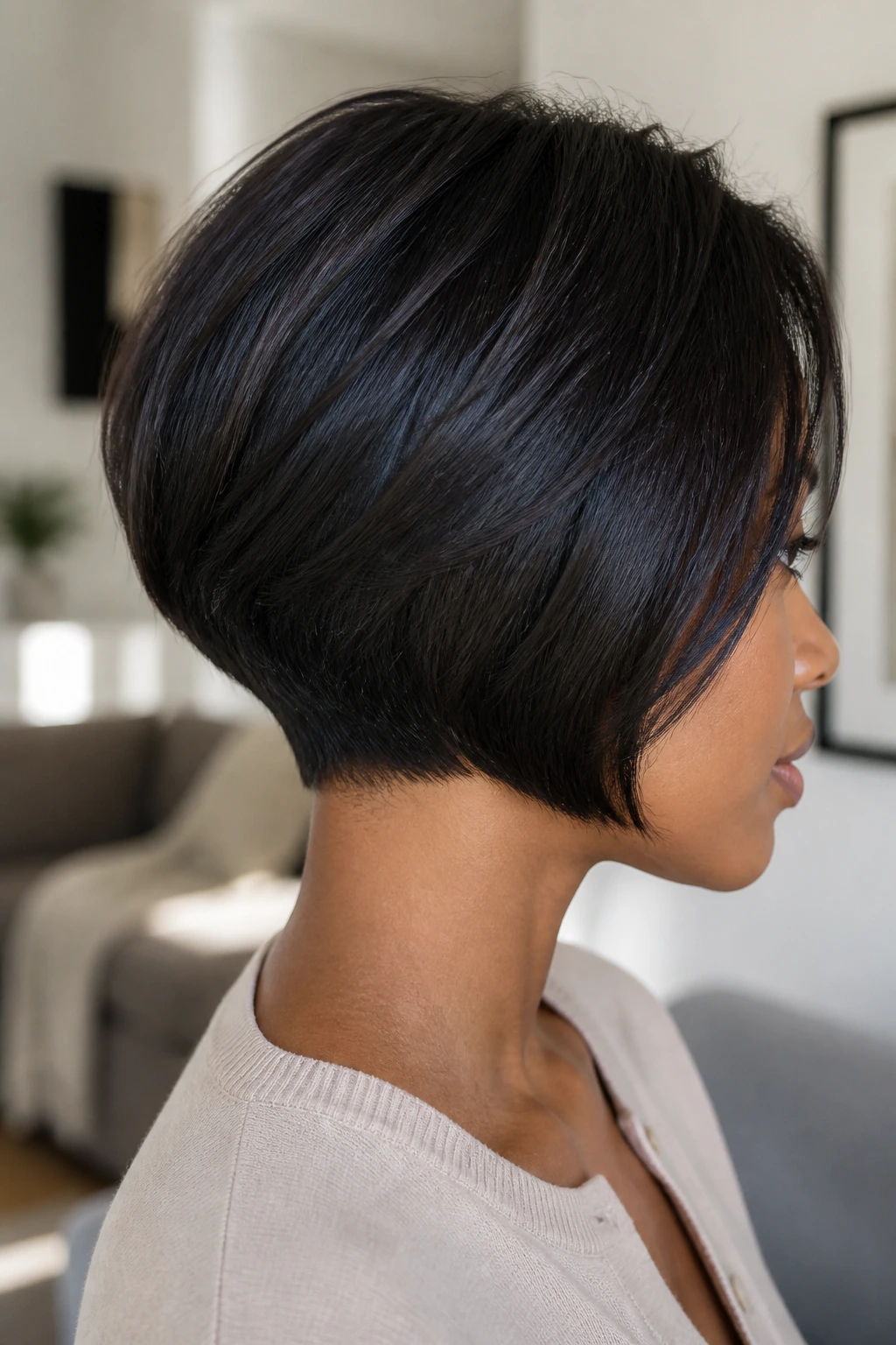 Real woman with tapered bob and narrow nape