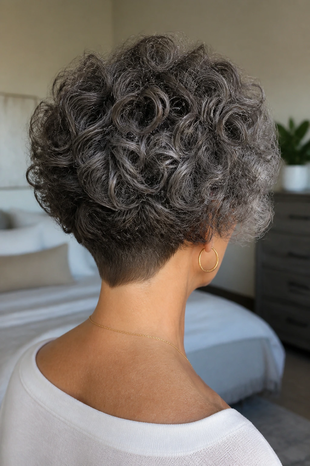 Rear three-quarter view of a woman with a tapered bob and neat nape