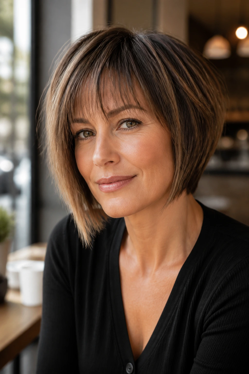 Close-up of real woman with tapered asymmetrical bob and piecey bangs in cafe light