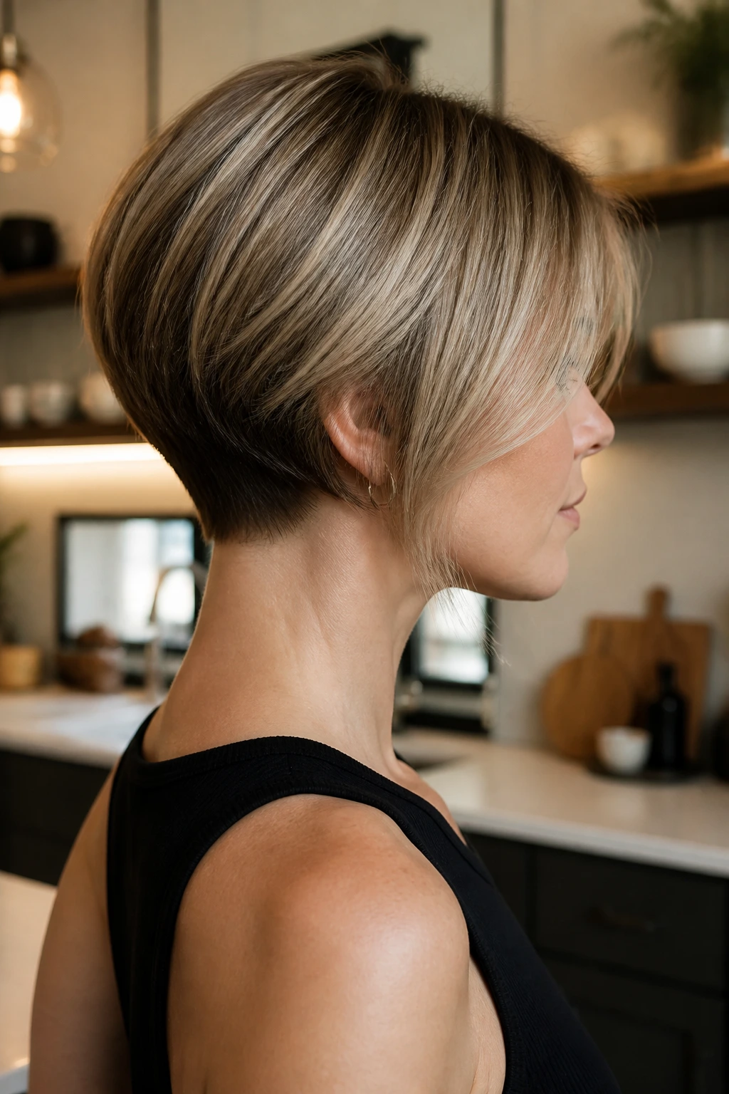 Portrait of a woman with a tapered bob and slim nape in warm light