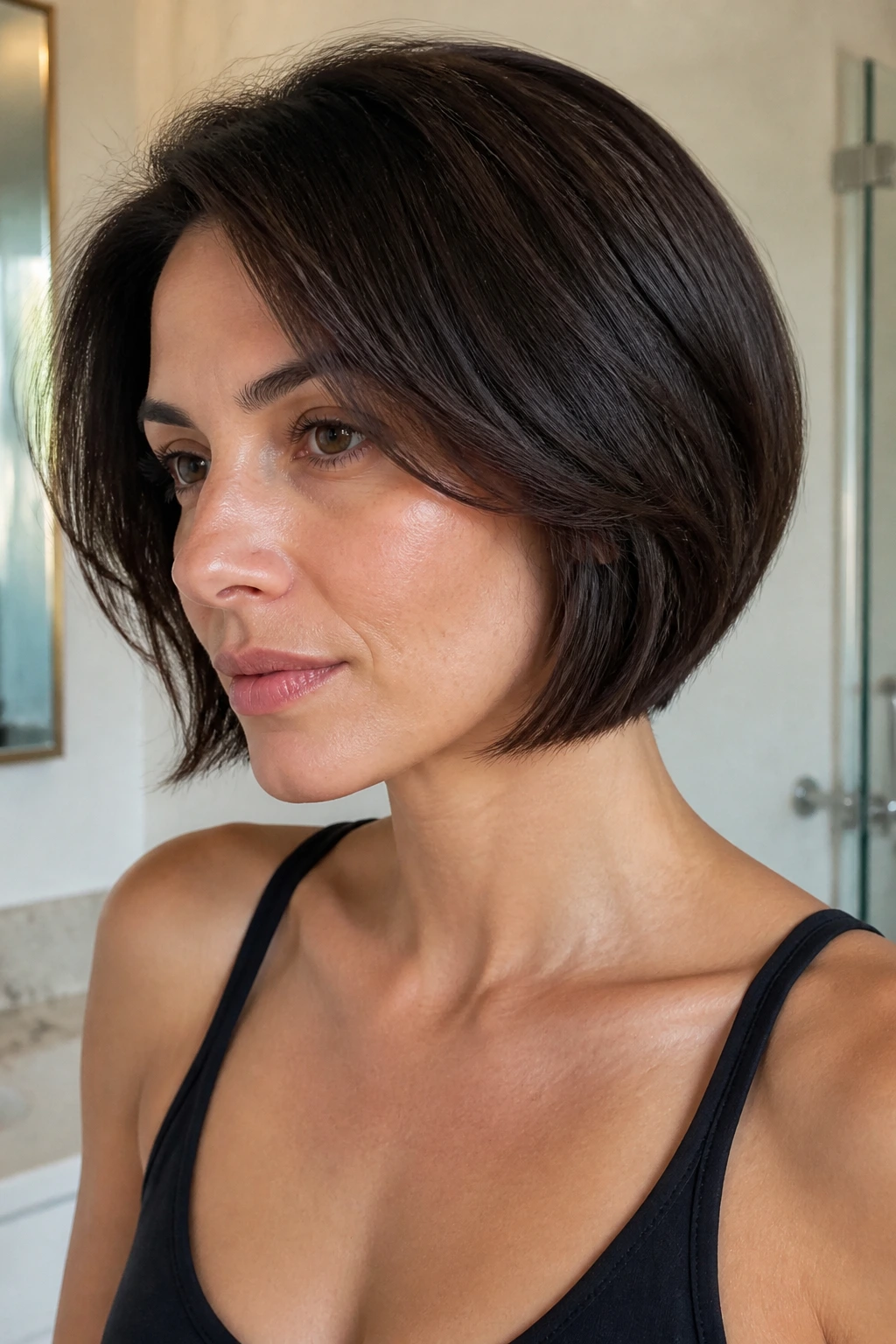 Close-up of a real woman with a tapered bob and soft underlayer