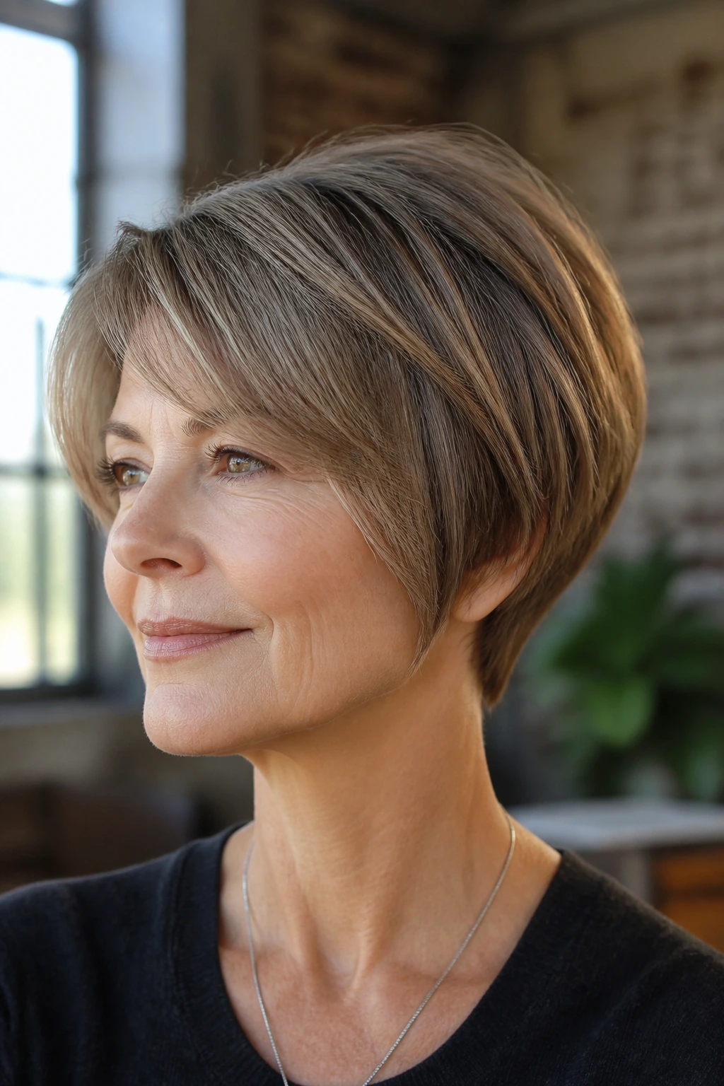 Portrait of a woman with a tapered bob on thick hair in soft loft light