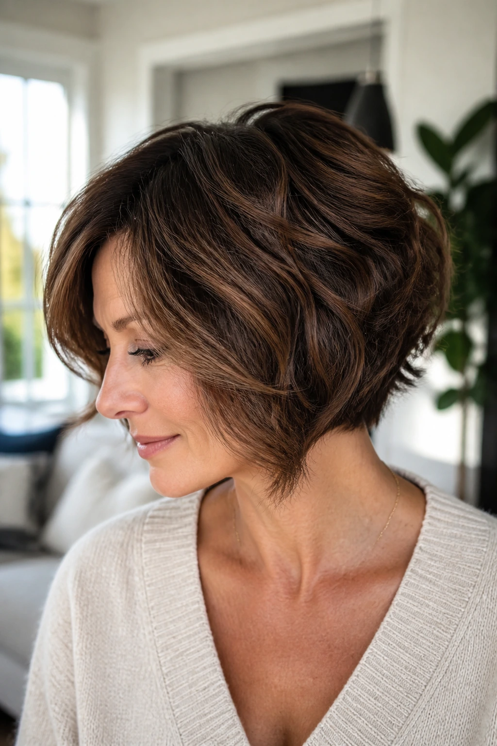 Portrait of a real woman with a tapered bob for thick dense hair