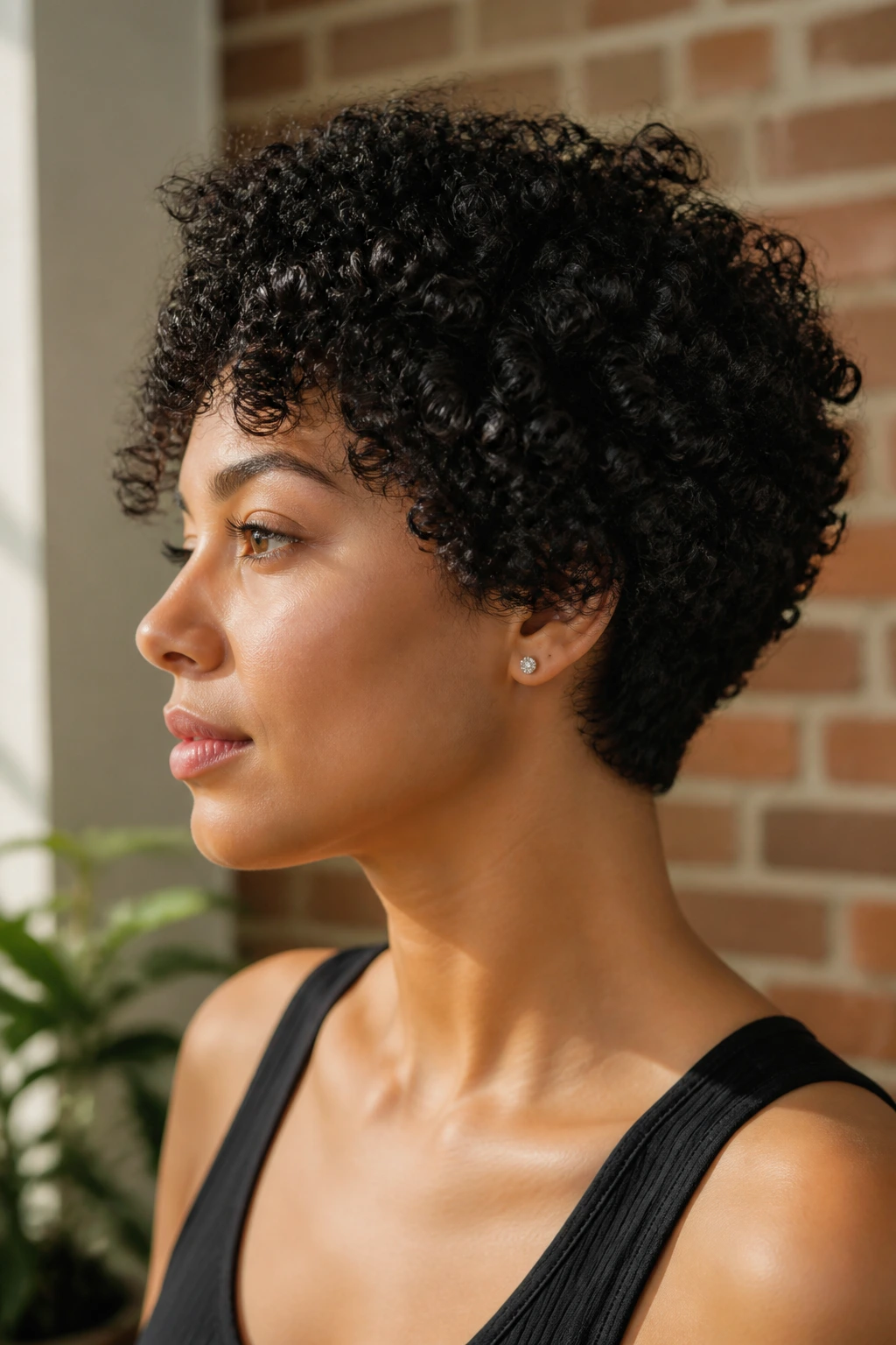 Real woman with tapered bob on tight curls