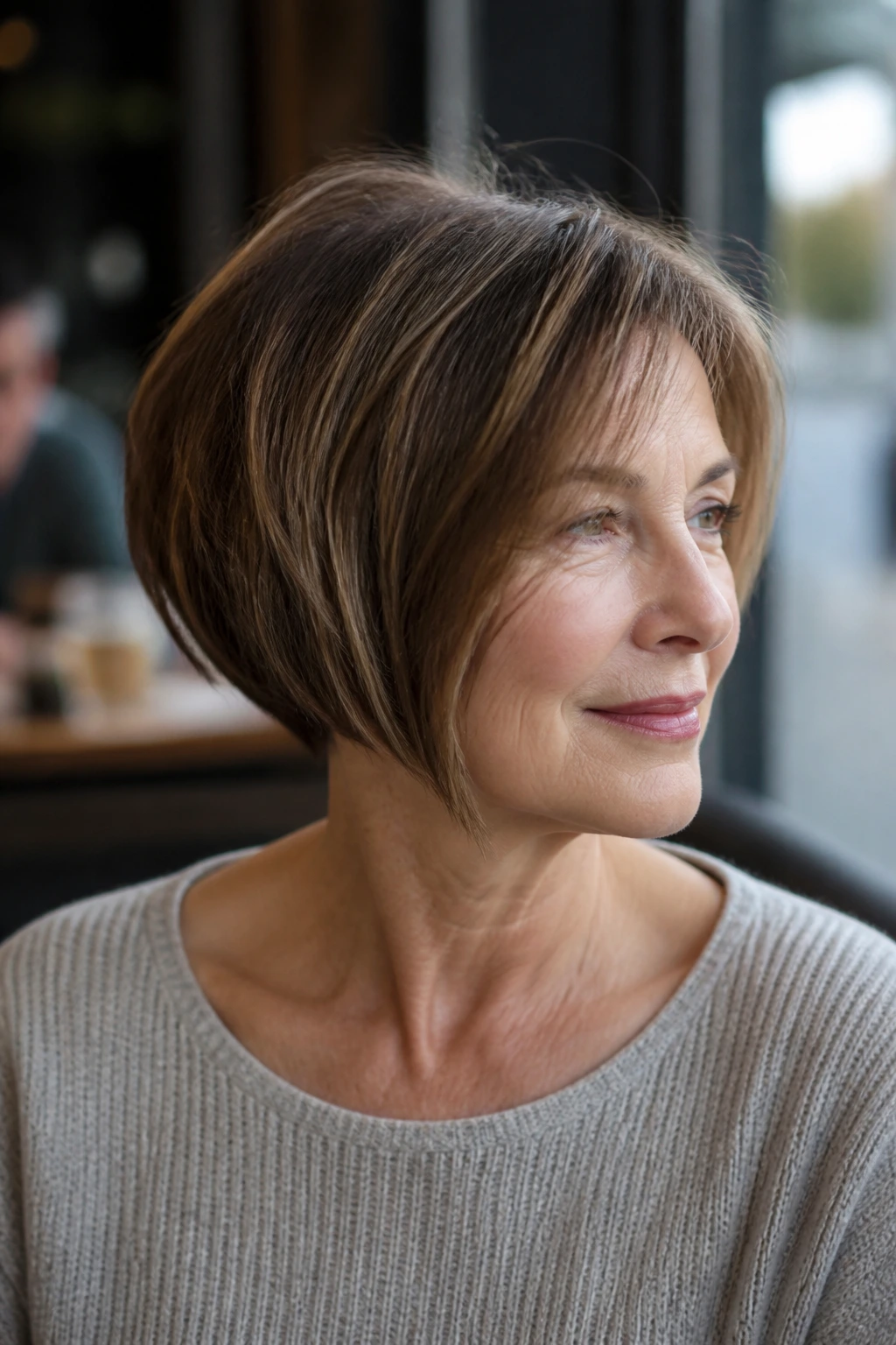Close-up portrait of a real woman with a tapered bob and weight removed at the front