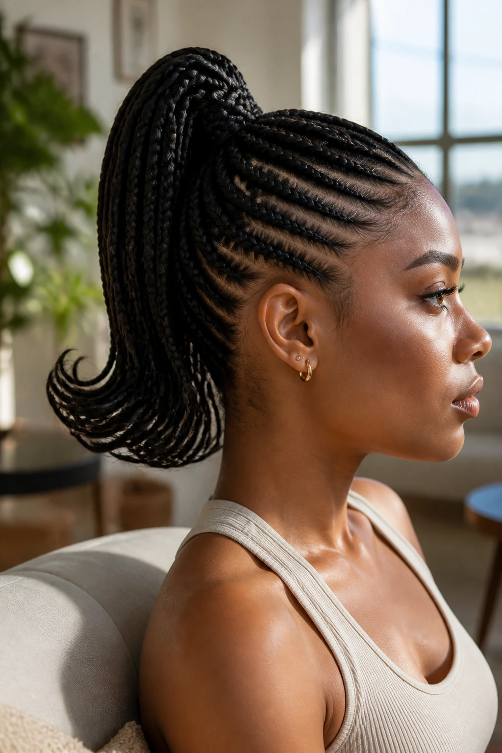 Profile of a real woman's head with tapered front braids and a flipped ponytail.