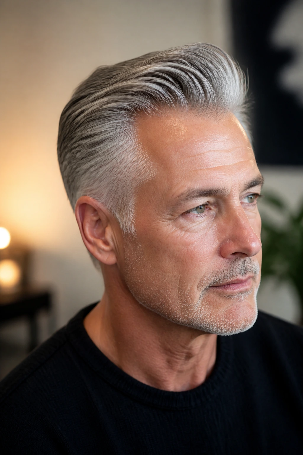 Close-up of a man with a tapered brush back hairstyle showing forward lift and back sweep