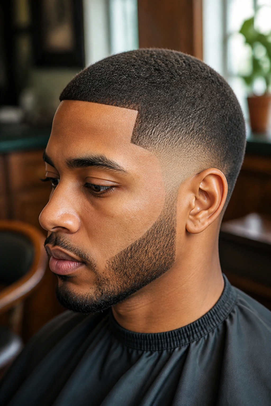 Close-up portrait of a man with a tapered buzz and sharp line-up