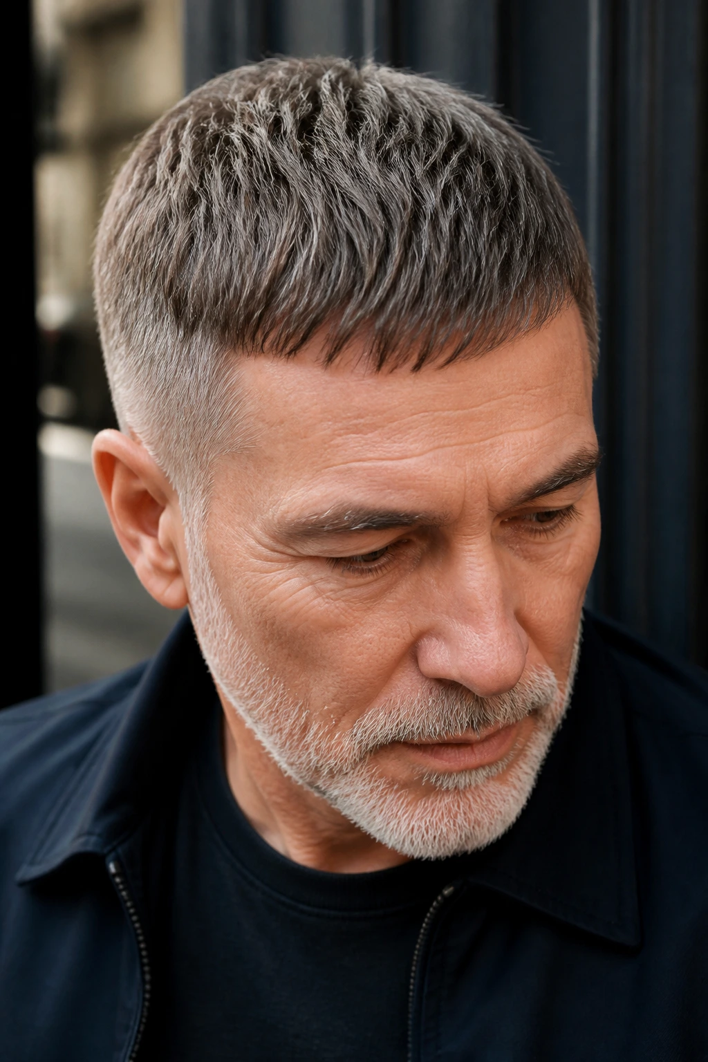 Man with a tapered Caesar cut and forward fringe.