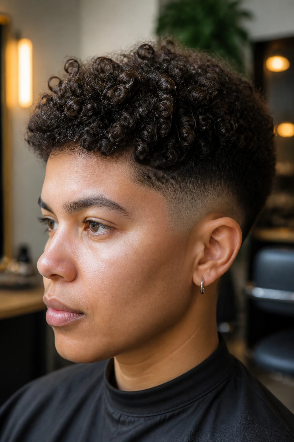 Portrait of a real person with a tapered coil crop hairstyle