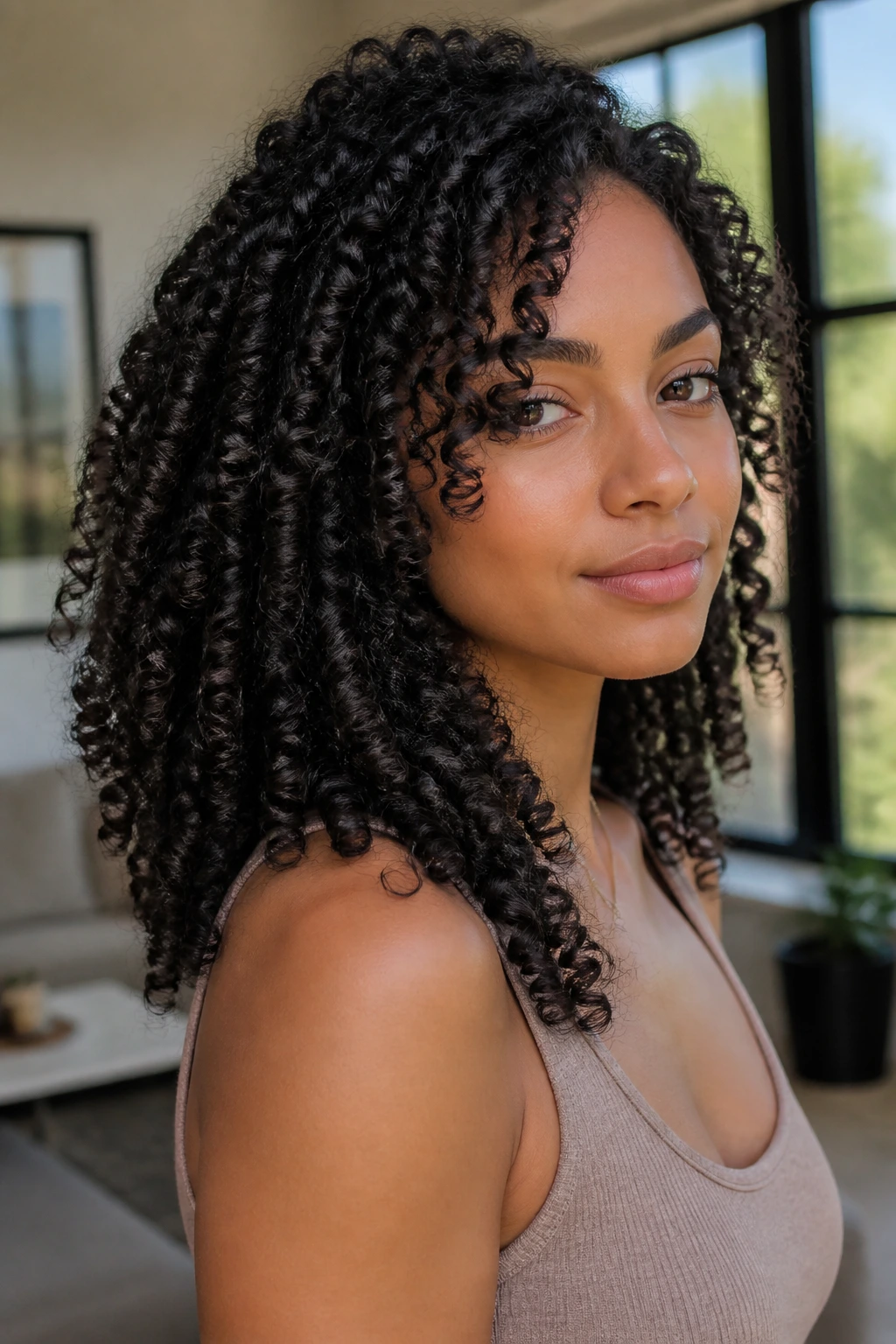 Close-up of a real woman showing tapered coil shape curls filling the frame.