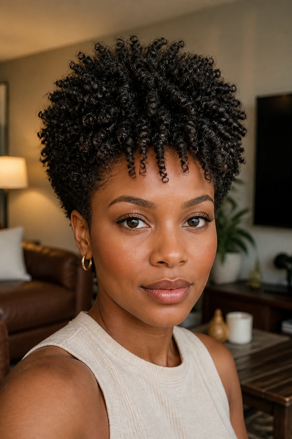 Portrait of a woman with tapered coils and lifted top.