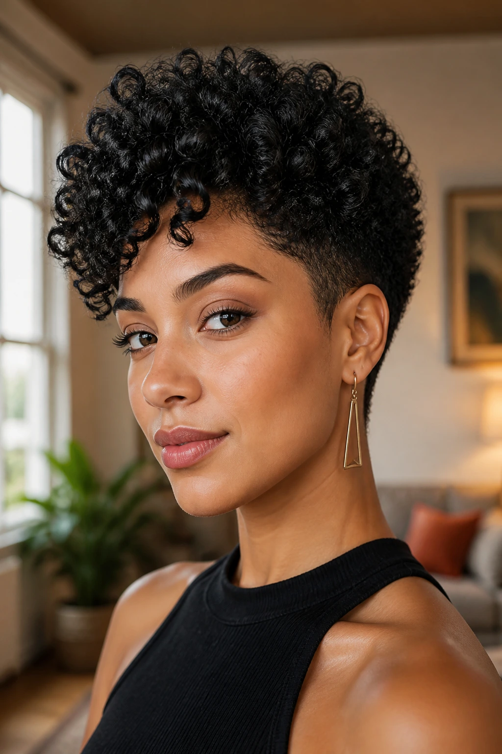 Close-up portrait of woman with tapered coil cut and sculpted volume in natural light.