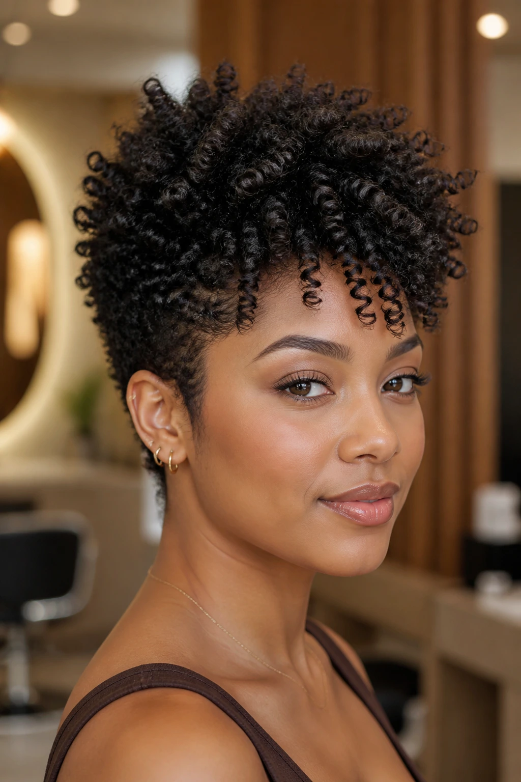 Close-up of a real woman with a tapered coil-out hairstyle in a warm salon.