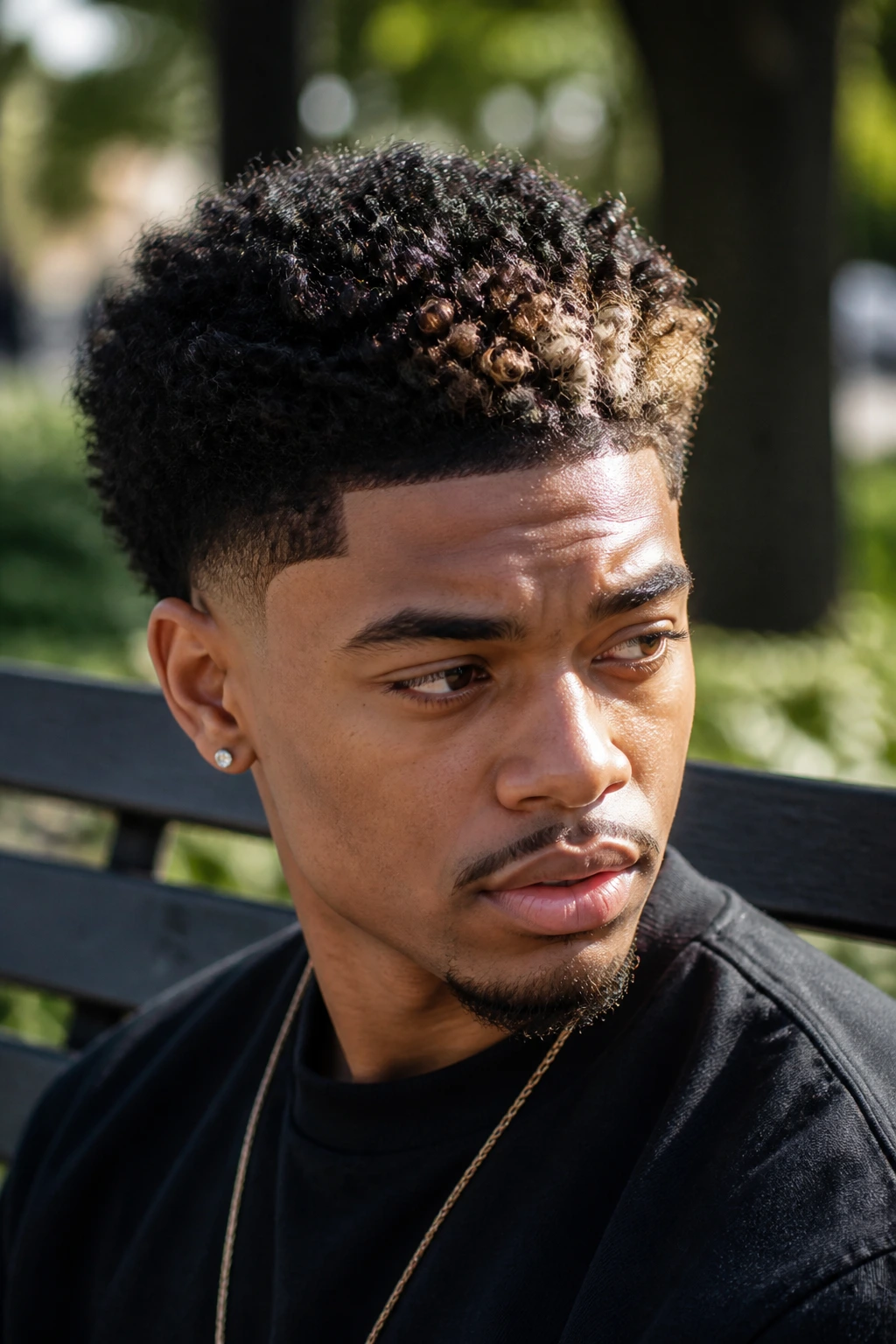 Close-up of a Black man with tapered coils and a beige front streak.
