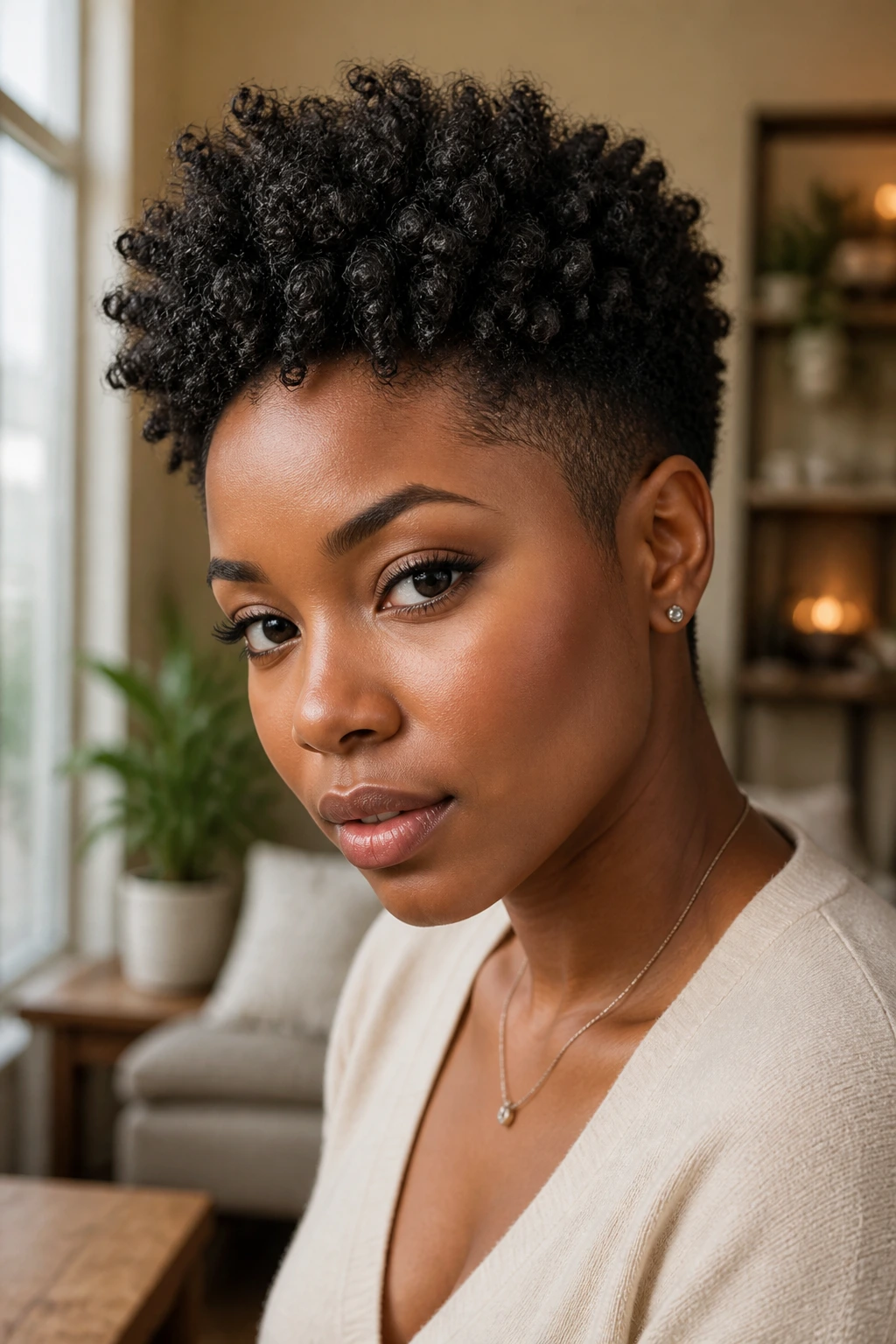 Close-up portrait of a real Black woman with a tapered coily crop and tapered sides