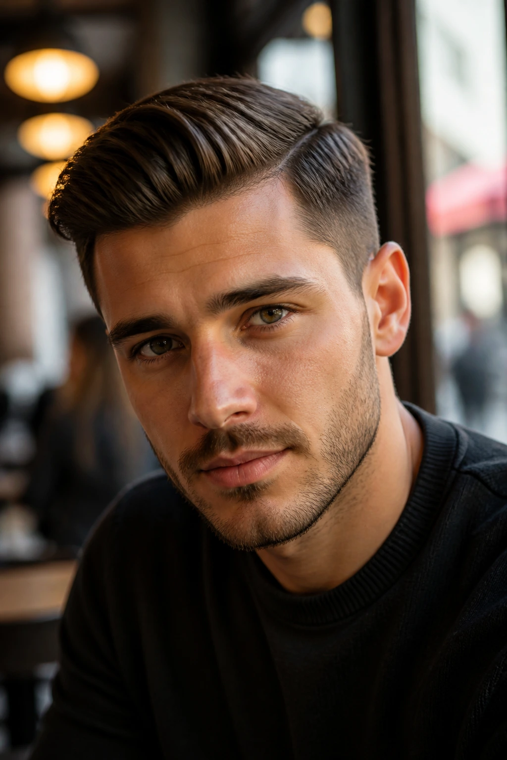 Man with tapered comb over hairstyle in a cafe setting