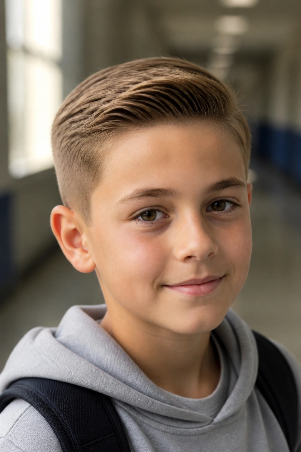 Close-up of a real boy with a tapered comb over hairstyle in a school hallway.